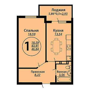 1 комнатная 46.84м²