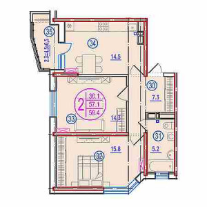 2 комнатная 59.4м²