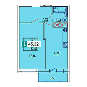 1 комнатная 45.32м²