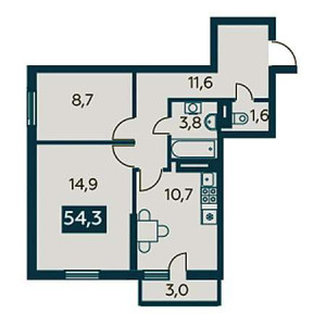 2 комнатная 54.3м²