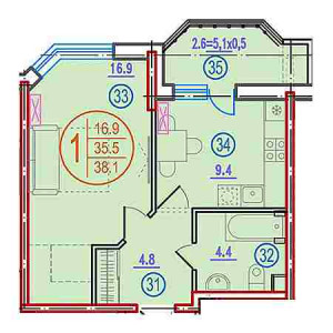 1 комнатная 38.1м²