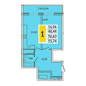 1 комнатная 55.74м²