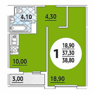 1 комнатная 38.8м²