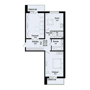 2 комнатная 65.4м²