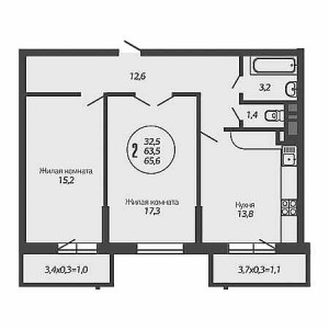 2 комнатная 65.6м²