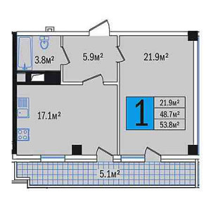 1 комнатная 53.8м²