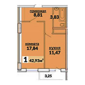 1 комнатная 42.93м²