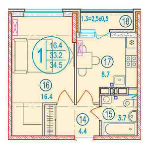 1 комнатная 34.5м²