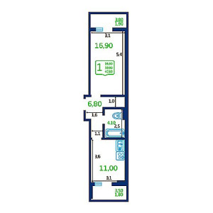 1 комнатная 42.6м²