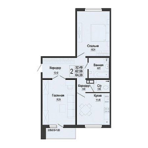 2 комнатная 64.38м²