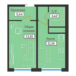 1 комнатная 33.71м²