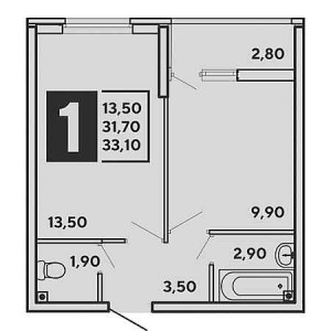 1 комнатная 33.1м²