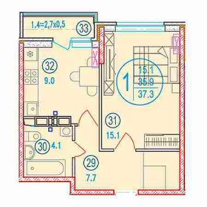 1 комнатная 37.3м²