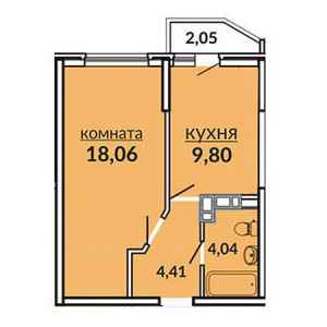 1 комнатная 38.36м²