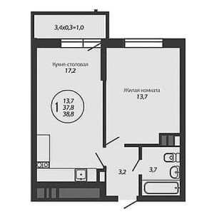 1 комнатная 38.8м²