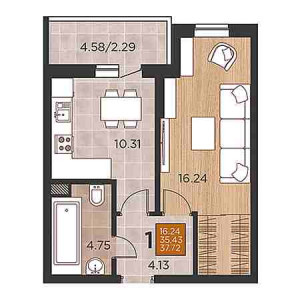 1 комнатная 37.72м²