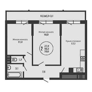 2 комнатная 59.6м²