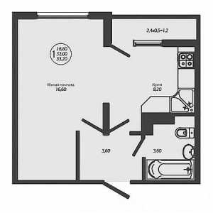 1 комнатная 33.2м²