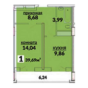 1 комнатная 39.69м²