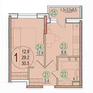 1 комнатная 30.5м²