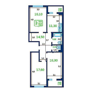 3 комнатная 85.8м²