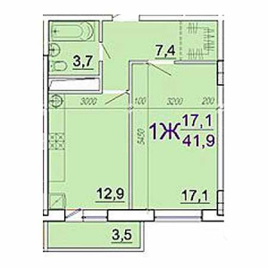 1 комнатная 41.9м²