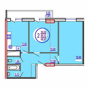 2 комнатная 66.97м²