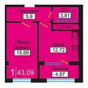 1 комнатная 43.09м²