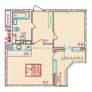 2 комнатная 43.31м²