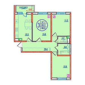 3 комнатная 66.9м²