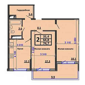 2 комнатная 74.7м²