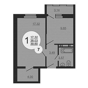 1 комнатная 39.6м²