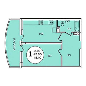 1 комнатная 48.4м²