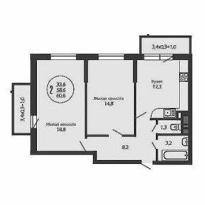 2 комнатная 60.6м²