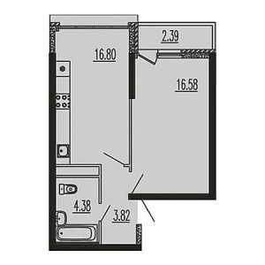 1 комнатная 43.97м²