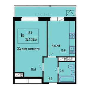 1 комнатная 38.5м²