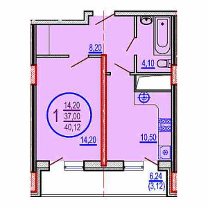 1 комнатная 40.12м²