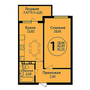 1 комнатная 45.35м²