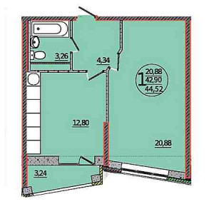 1 комнатная 44.52м²