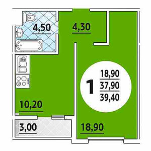 1 комнатная 39.9м²