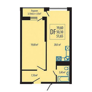 1 комнатная 51.65м²