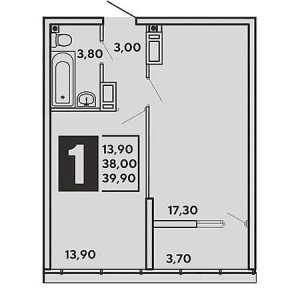 1 комнатная 39.9м²