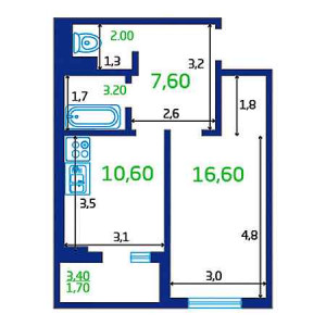 1 комнатная 41.7м²