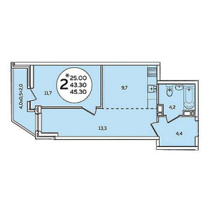 1 комнатная 45.3м²