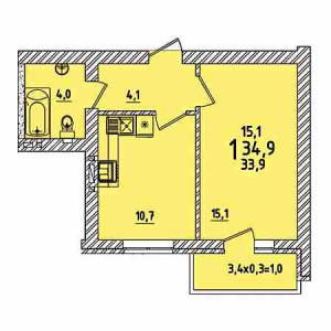 1 комнатная 34.9м²