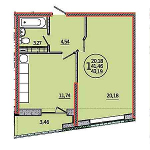 1 комнатная 43.19м²