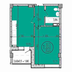 1 комнатная 35.23м²