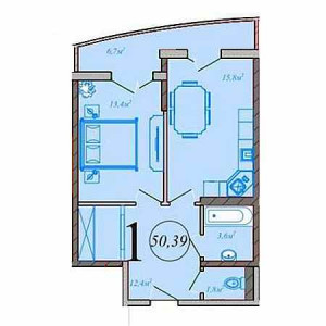 1 комнатная 50.39м²