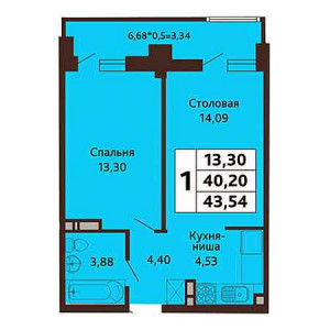 1 комнатная 43.54м²