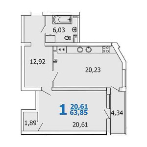 1 комнатная 63.85м²